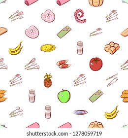 Bakery products, Cutlery, Fruits, Seafood and Table setting set. Background for printing, design, web. Usable as icons. Seamless. Colored.