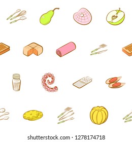 Bakery products, Cutlery, Fruits, Seafood and Table setting set. Background for printing, design, web. Usable as icons. Seamless. Colored.