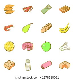 Bakery products, Cutlery, Fruits, Seafood and Table setting set. Background for printing, design, web. Usable as icons. Colored.