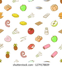 Bakery products, Cutlery, Fruits, Seafood and Table setting set. Background for printing, design, web. Usable as icons. Seamless. Colored.