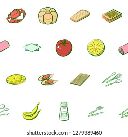 Bakery products, Cutlery, Fruits, Seafood and Table setting set. Background for printing, design, web. Usable as icons. Seamless. Colored.