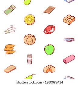 Bakery products, Cutlery, Fruits, Seafood and Table setting set. Background for printing, design, web. Usable as icons. Seamless. Colored.