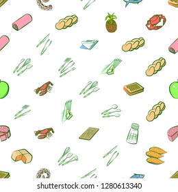 Bakery products, Cutlery, Fruits, Seafood and Table setting set. Background for printing, design, web. Usable as icons. Seamless. Colored.