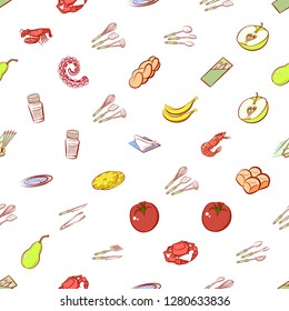 Bakery products, Cutlery, Fruits, Seafood and Table setting set. Background for printing, design, web. Usable as icons. Seamless. Colored.