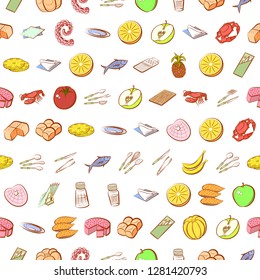 Bakery products, Cutlery, Fruits, Seafood and Table setting set. Background for printing, design, web. Usable as icons. Seamless. Colored.