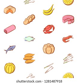 Bakery products, Cutlery, Fruits, Seafood and Table setting set. Background for printing, design, web. Usable as icons. Seamless. Colored.