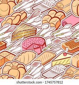 Bakery products and Cutlery pattern. Background for printing, design, web. Seamless. Colored.