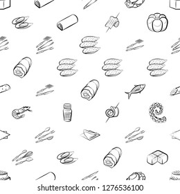 Bakery products, Cutlery, Seafood, Snacks and Table setting set. Background for printing, design, web. Usable as icons. Seamless. Monochrome binary, black and white.