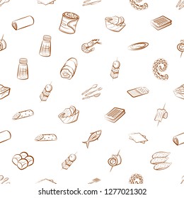 Bakery products, Cutlery, Seafood, Snacks and Table setting set. Background for printing, design, web. Usable as icons. Seamless. Binary color.