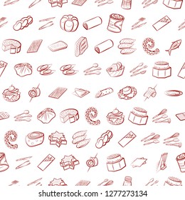 Bakery products, Cutlery, Seafood, Snacks and Table setting set. Background for printing, design, web. Usable as icons. Seamless. Binary color.