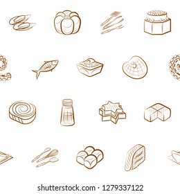 Bakery products, Cutlery, Seafood, Snacks and Table setting set. Background for printing, design, web. Usable as icons. Seamless. Binary color.