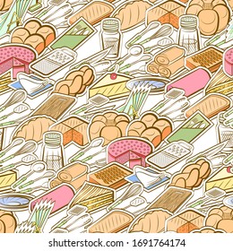 Bakery products, Cutlery and Table setting pattern. Background for printing, design, web. Seamless. Colored.