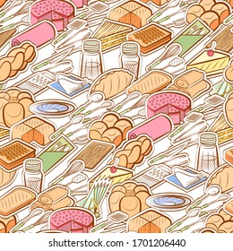 Bakery products, Cutlery and Table setting pattern. Background for printing, design, web. Seamless. Colored.