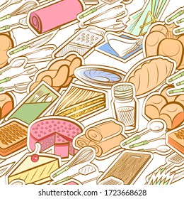 Bakery products, Cutlery and Table setting pattern. Background for printing, design, web. Seamless. Colored.