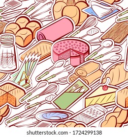 Bakery products, Cutlery and Table setting pattern. Background for printing, design, web. Seamless. Colored.