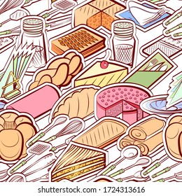 Bakery products, Cutlery and Table setting pattern. Background for printing, design, web. Seamless. Colored.