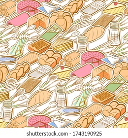 Bakery products, Cutlery and Table setting pattern. Background for printing, design, web. Seamless. Colored.