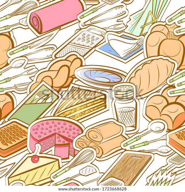 Bakery\
products, Cutlery and Table setting pattern. Background for\
printing, design, web. Seamless.\
Colored.