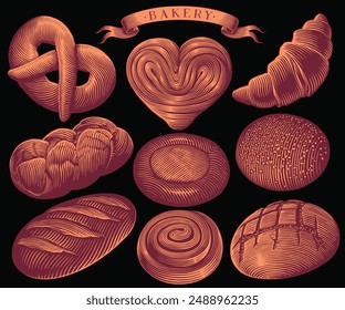 Bakery products. Design set. Editable hand drawn illustration. Vector vintage engraving. Isolated on black background. 8 EPS