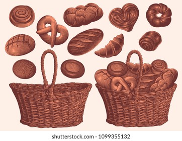 Bakery products. Design set. Hand drawn engraving. Vector vintage illustration. Isolated on white background. 8 EPS