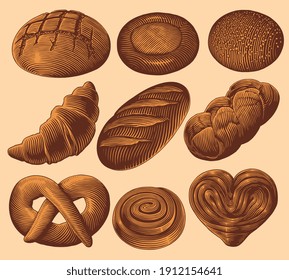 Bakery products. Design set. Hand drawn engraving. Vector vintage illustration. 8 EPS