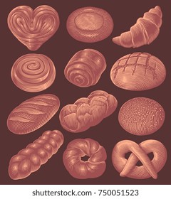 Bakery products. Design set. Hand drawn engraving. Vector vintage illustration. Isolated on dark background. 8 EPS