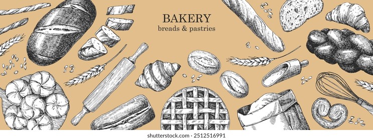 Bakery products. Bakery design template. Hand-drawn illustration of Bred. Ink. Vector	