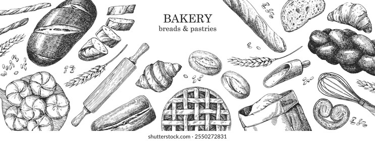 Bakery products. Bakery design template. Hand-drawn illustration of Bred. Ink. Vector