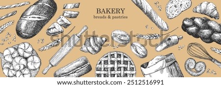 Bakery products. Bakery design template. Hand-drawn illustration of Bred. Ink. Vector	