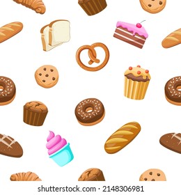 Bakery products and desserts seamless pattern flat vector illustrations. Bread, donut, croissant, muffin, cookies. Bakery food illustrations. Sweet products. Baking Showcases icon.	