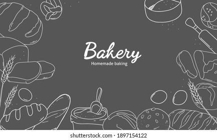 Bakery products. Different types of bread, a bag of flour, eggs and spikelets. Stylish bakery poster with space for your text. White outline on a dark background. Vector illustration. Template.