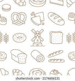 Bakery products doodle beige seamless pattern. Vector background included line icons as - wheat, croissant, bagel, donut, toast, baguette, mill, cinnamon roll. Wallpaper for bread and confectionery