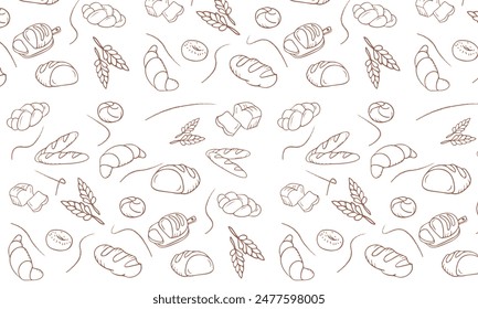 Backwaren Doodle Beige nahtlose Muster. Vektorgrafik Hintergrund beinhaltete Linien-Icons als - Brezel, Croissant, Bagel, Donut, Challah, Baguette, Zimt Rolle. Bildschirmhintergrund für Brot und Süßwaren