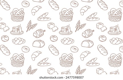 Bakery products doodle beige seamless pattern. Vector background included line icons as - pretzel, croissant, bagel, donut, challah, baguette, cinnamon roll. Wallpaper for bread and confectionery