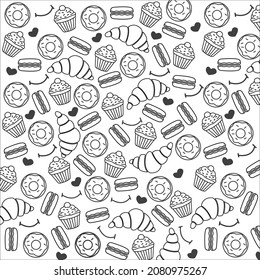 Bakery products doodle, bakery doodle black and white vector template, graphic design