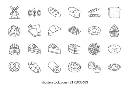 Bakery products doodle illustration including icons - cupcake, croissant, biscuit, bagel, donut, toast, baguette, dessert, cinnamon roll. Thin line art about bread and confectionery. Editable Stroke