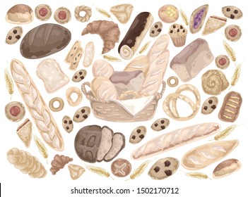 Bakery products doodle set food. Sweet buns, sorts of bread, cupcakes, dough and cakes for bakery shop. Vector illustration design.