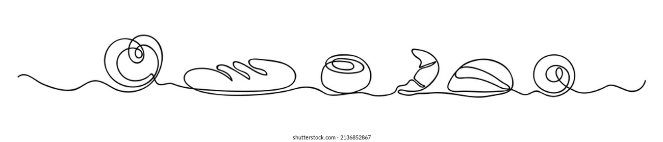 Bakery products drawn in one line. Food sketch. Continuous line drawing art. Minimalist art. Vector illustration.