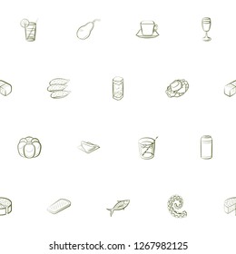 Bakery products, Drinks, Fruits, Seafood and Table setting set. Background for printing, design, web. Usable as icons. Seamless. Color.