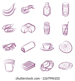 Bakery products, Drinks, Fruits, Seafood and Table setting set. Background for printing, design, web. Usable as icons. Color.