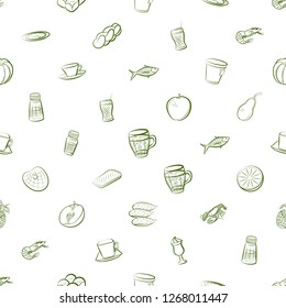 Bakery products, Drinks, Fruits, Seafood and Table setting set. Background for printing, design, web. Usable as icons. Seamless. Color.