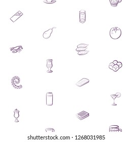 Bakery products, Drinks, Fruits, Seafood and Table setting set. Background for printing, design, web. Usable as icons. Seamless. Color.