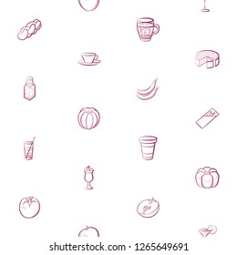 Bakery products, Drinks, Fruits and Table setting set. Background for printing, design, web. Usable as icons. Seamless. Color.