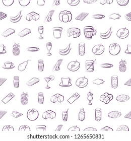 Bakery products, Drinks, Fruits and Table setting set. Background for printing, design, web. Usable as icons. Seamless. Color.