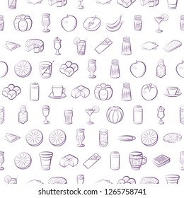 Bakery products, Drinks, Fruits and Table setting set. Background for printing, design, web. Usable as icons. Seamless. Color.