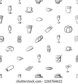 Bakery products, Drinks, Fruits and Table setting set. Background for printing, design, web. Usable as icons. Seamless. Monochrome binary, black and white.