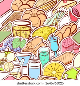 Bakery products, Drinks, Fruits and Table setting pattern. Background for printing, design, web. Seamless. Colored.