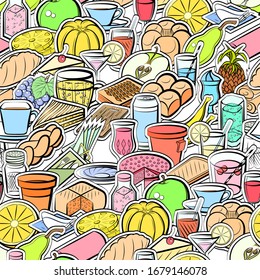 Bakery products, Drinks, Fruits and Table setting pattern. Background for printing, design, web. Seamless. Colored.