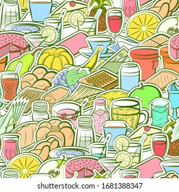 Bakery products, Drinks, Fruits and Table setting pattern. Background for printing, design, web. Seamless. Colored.