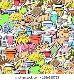 Bakery products, Drinks, Fruits and Table setting pattern. Background for printing, design, web. Seamless. Colored.